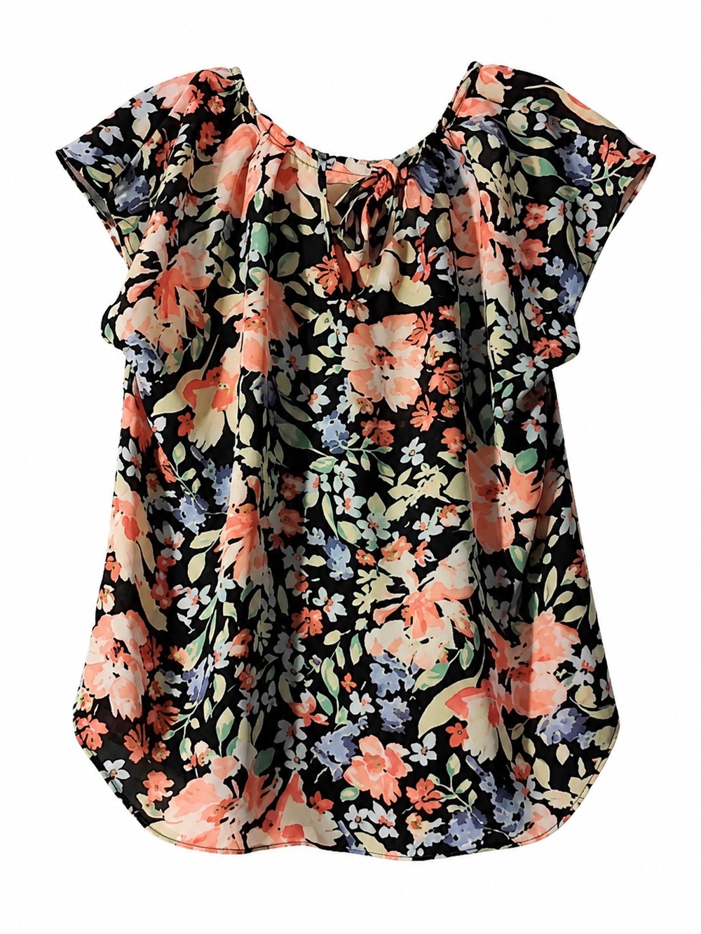 LC Lauren Conrad Black Floral Off-Shoulder Top with Coral & Green